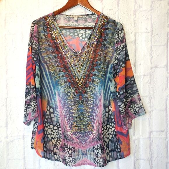 VALERIE STEVENS Sheer Crystal Embellished V-neck Blouse Medium - Picture 1 of 9